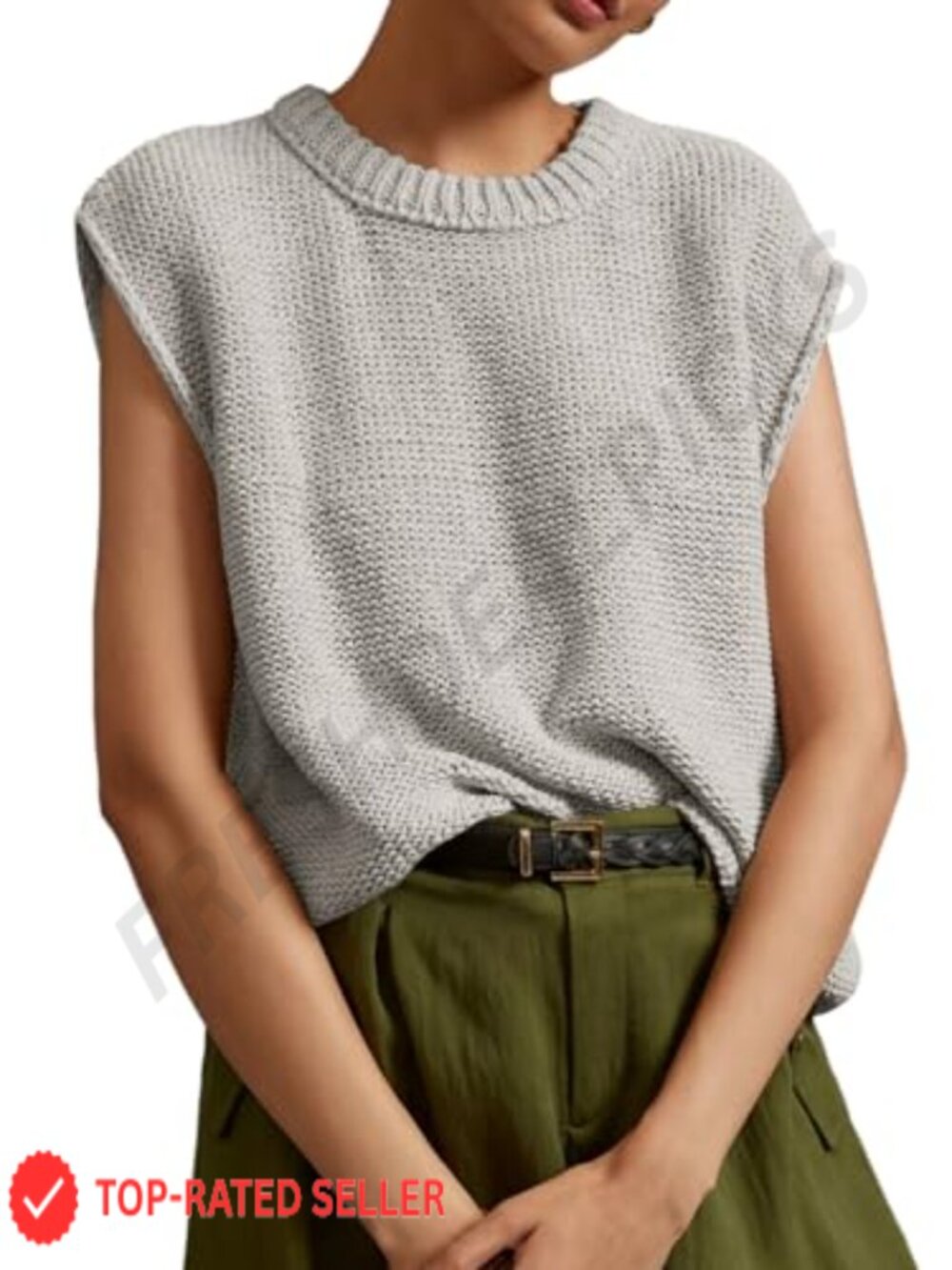 Knit Sweater Vest Sleeveless Rib Tank Top Crewneck Casual Loose Fit